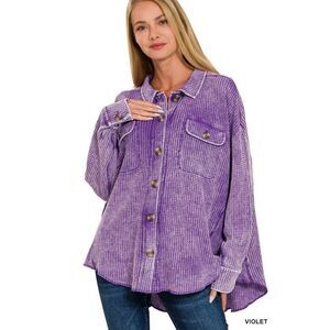 Zenana Meet U There Cotton Waffle Acid Wash Oversized Shacket Violet CJW-3300